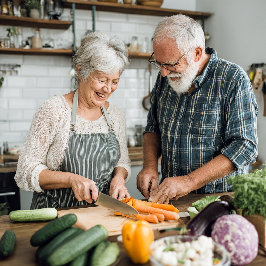 Smiling elderly European woman holding a colorful bowl of fresh fruits and vegetables in a bright kitchen