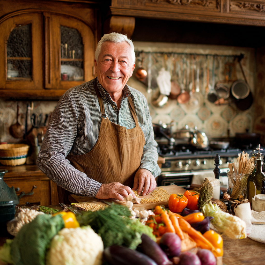 Happy elderly European couple preparing a healthy meal together in a modern kitchen, smiling while chopping vegetables