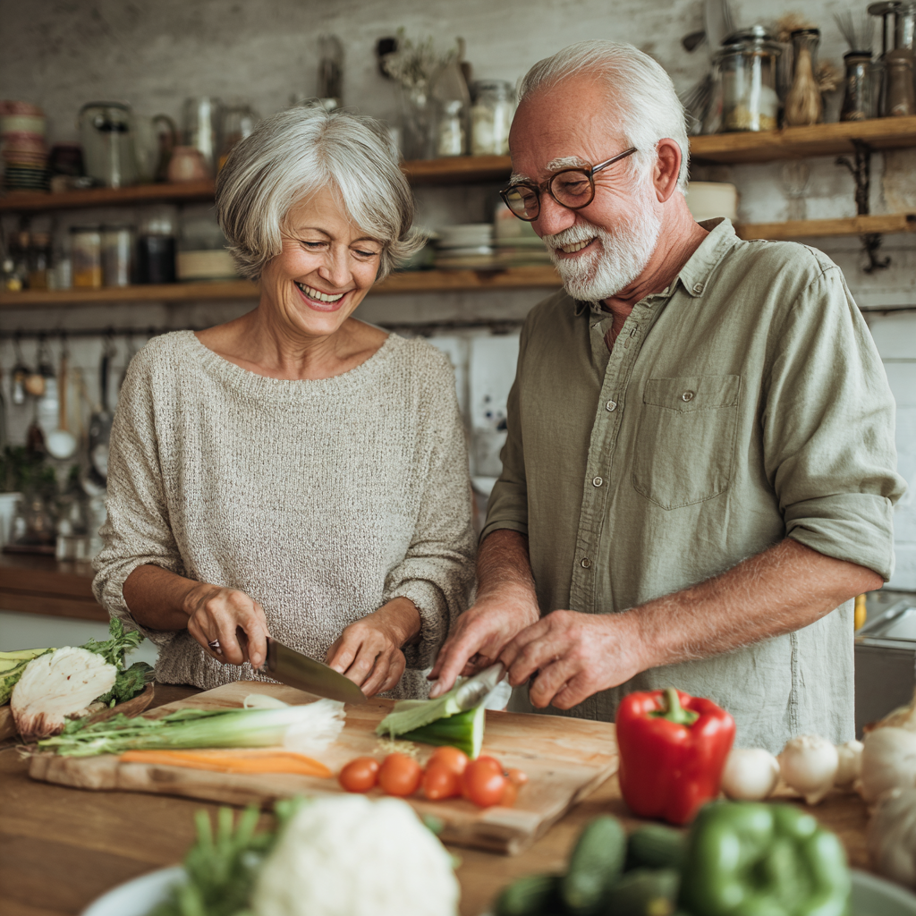 Serene elderly European woman sitting peacefully at a table with a balanced meal, natural lighting creating a calm atmosphere